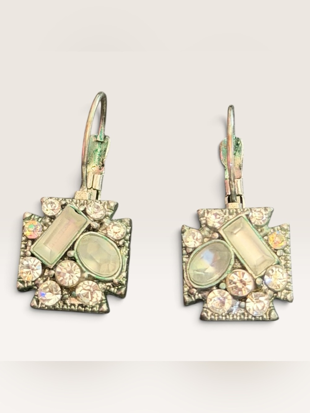 Vintage Rhinestone Maltese Cross Drop Earrings Silver Tone Leverback